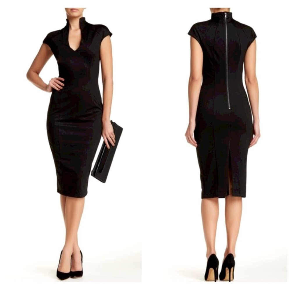 Alexia Admor Katrina Black Splitneck Cap Sleeve Sheath Midi Dress Sz XS $245